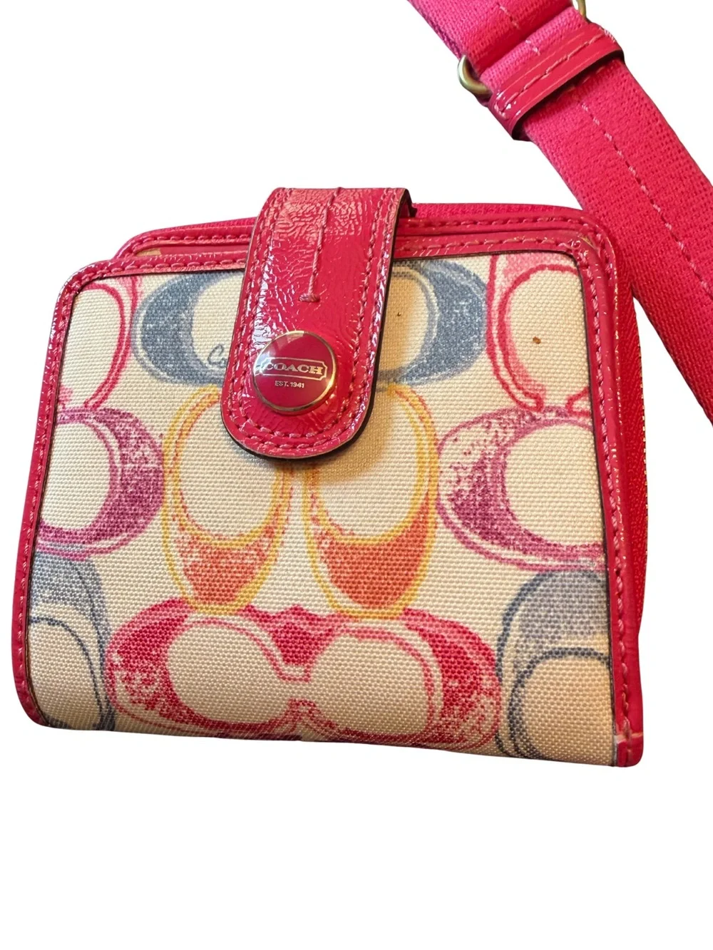 Coach Multicolor Signature Crossbody with Pink Strap with matching Wallet!!